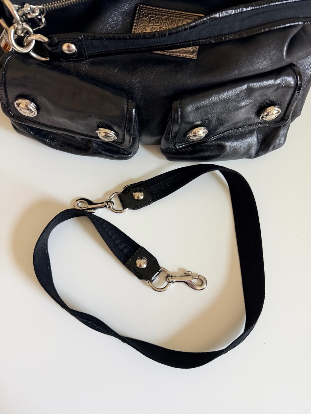 Coach Poppy Black Leather Shoulder Bag with Front Pockets - Picture 13 of 13